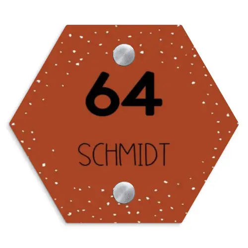 Roestbruin met stippen - Modern Naambord Hexagon klein -3d