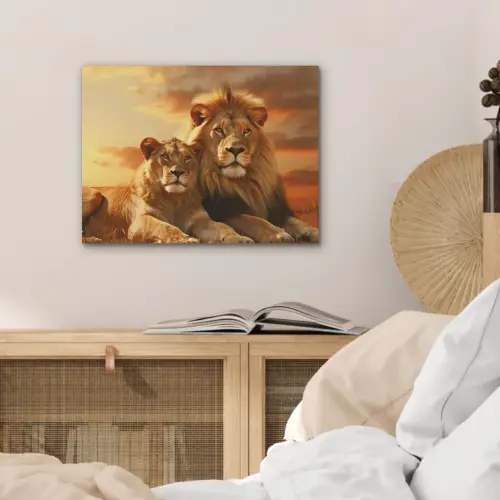 Leeuwen - Zonsondergang - Afrika - Savanne - Dieren PET vilt klein -sfeer3