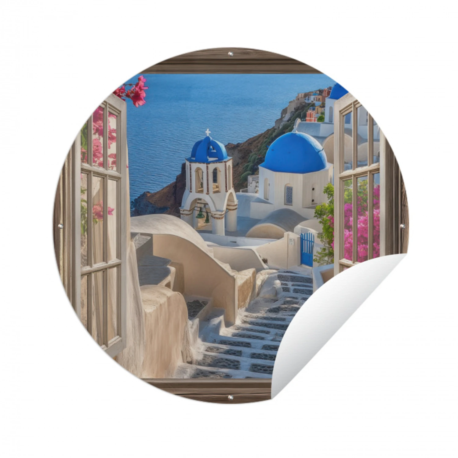 Doorkijk - Santorini - Landschap - Blauw - Grieks Wandcirkel tuinposter met ringen klein -3d
