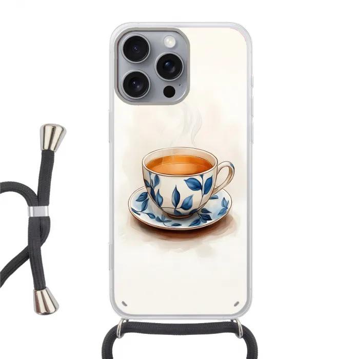 Theekop - Bladeren - Blauw Hoesje iPhone 16 Pro Max met koord klein -3d
