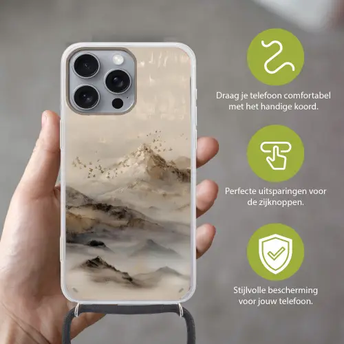 Berglandschap - Mist  - Penseelstreken Hoesje iPhone 16 Pro Max met koord klein -sfeer2_NL