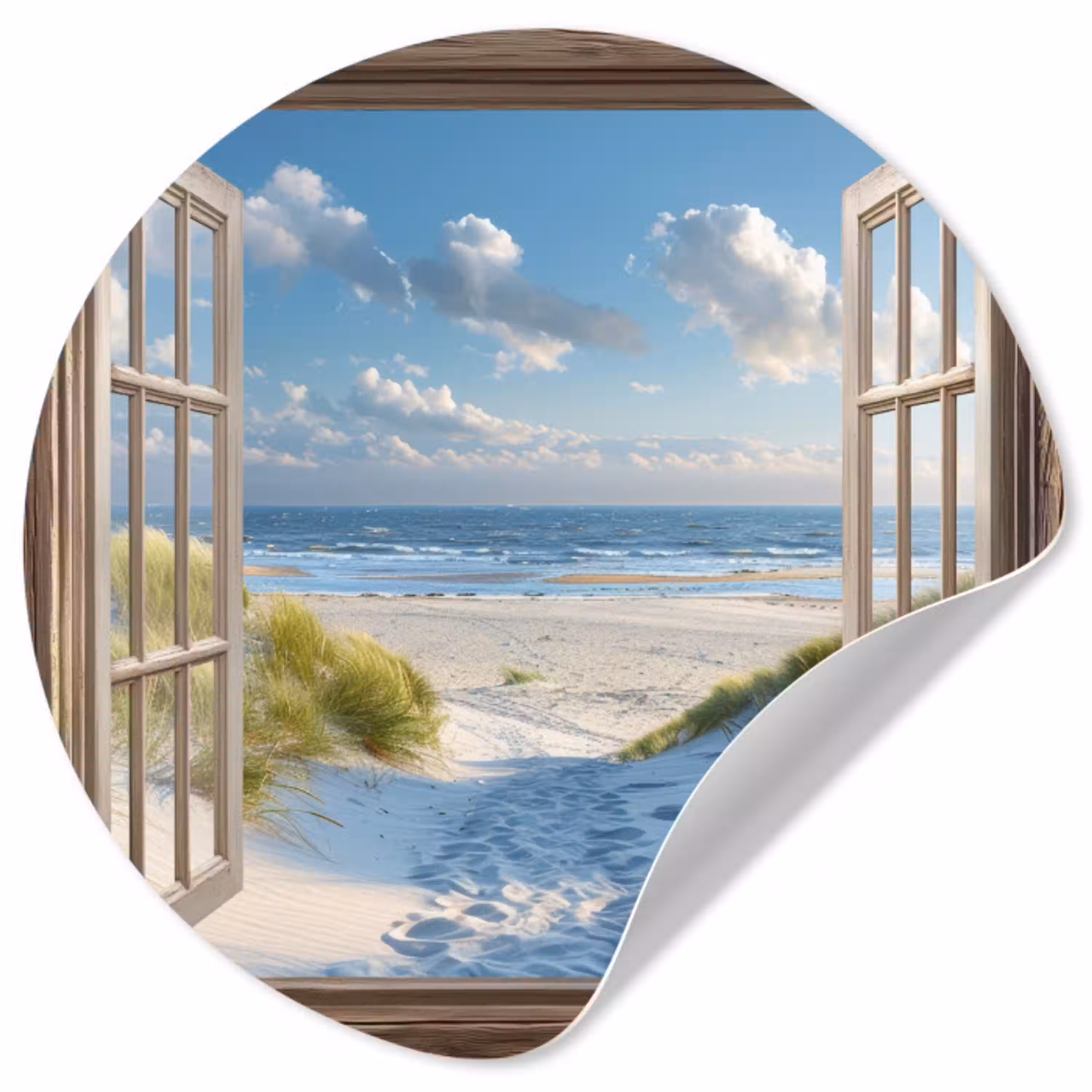 Doorkijk - Strand - Raam - Duinen - Zee Wandcirkel behangsticker klein -3d