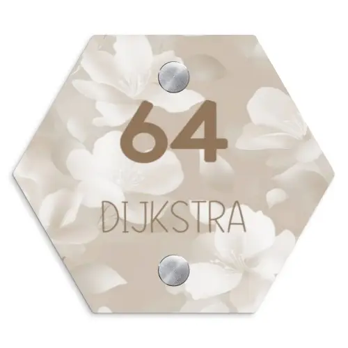 Beige bloemen - Modern Naambord Hexagon klein -3d