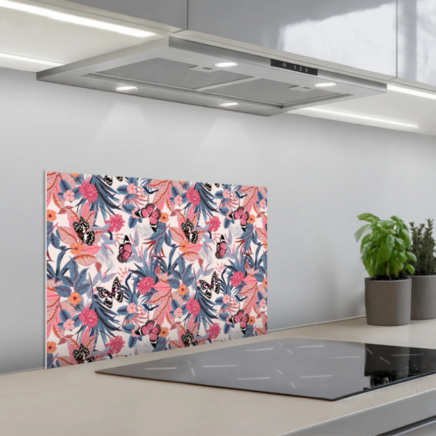 Tropisch - Zomer - Vlinder - Perzik keuken achterwand spatscherm klein 900 -3d_schuin