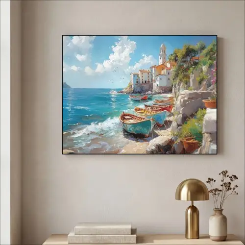 Boten - Rotsen - Zee - Zon Textielframe - compleet frame klein -sfeer2