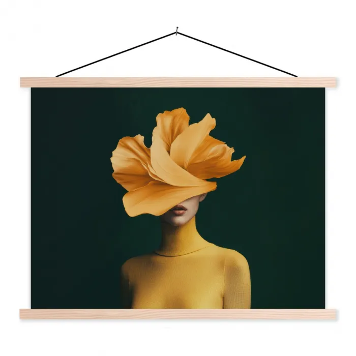 Vrouw - Hoed - Geel textielposter latten blank klein -3d