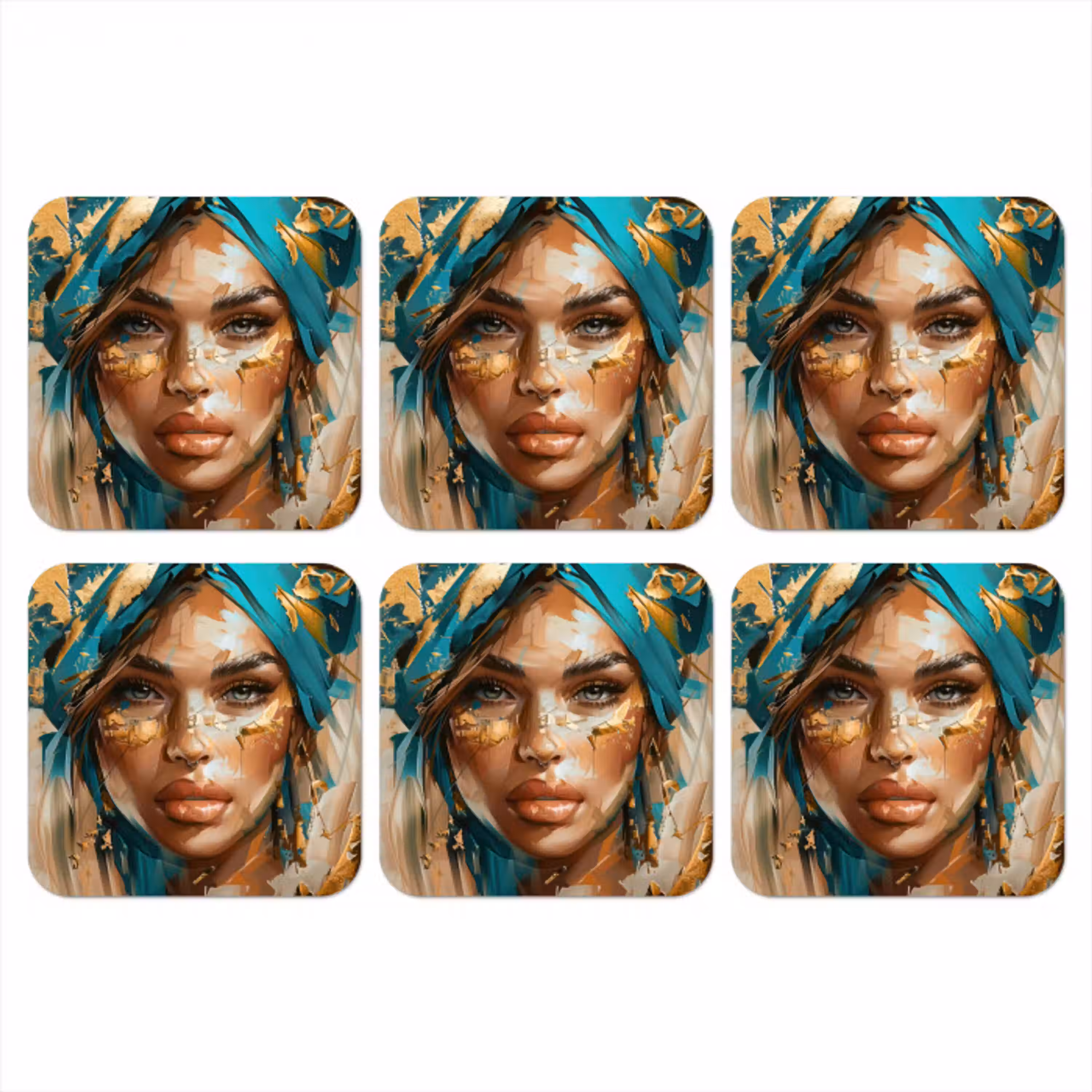 Vrouw - Portret - Goud - Luxe - Blauw onderzetter kurk middel -3d