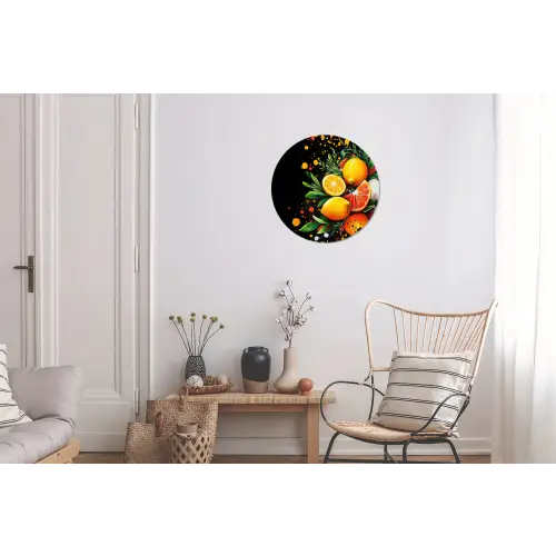 Citroenen - Zwart - Kruiden - Graffiti - Verf Wandcirkel aluminium klein -woonkamer