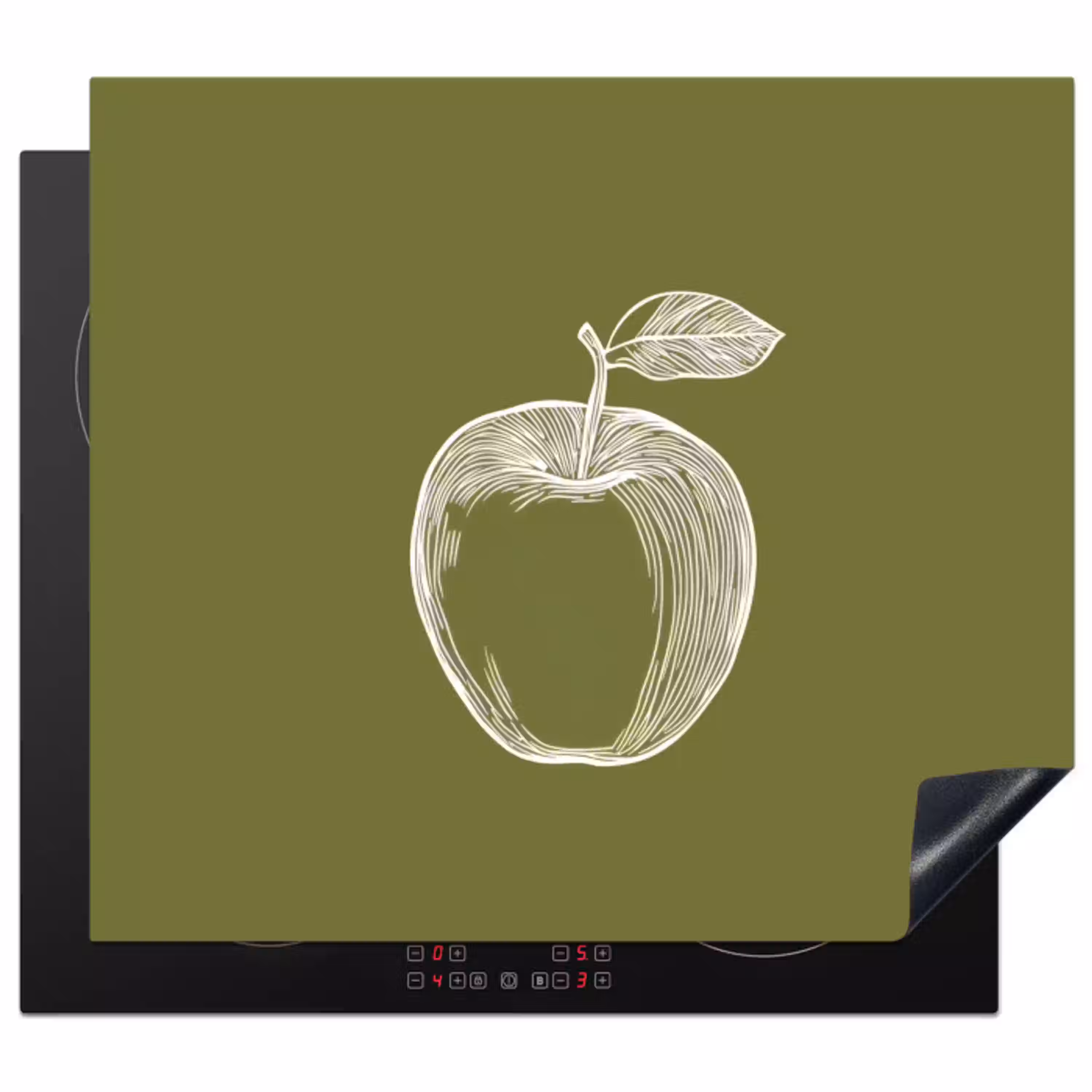 Lijntekening - Appel - Olijfgroen - Blaadje Inductie beschermer vinyl 3mm middel -3d