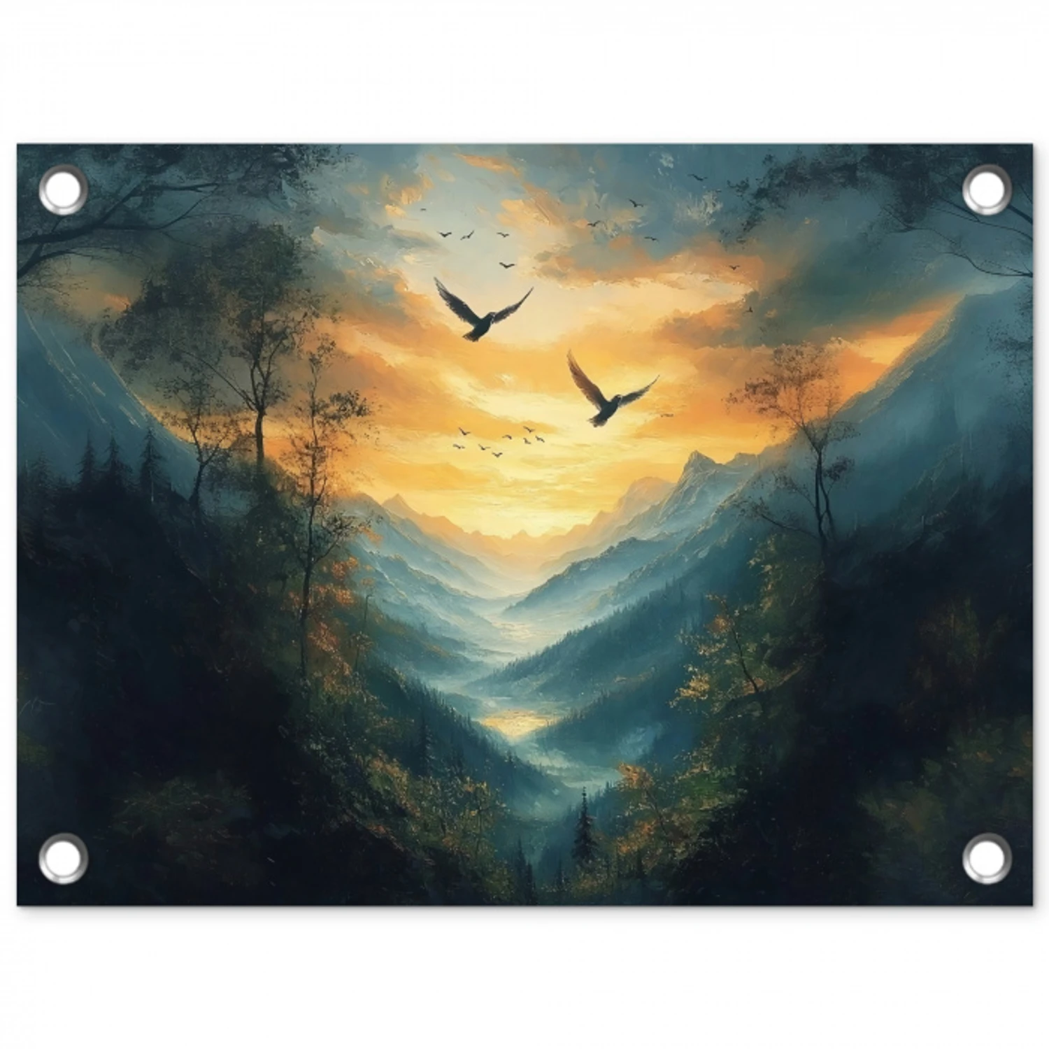 Vogels - Zon - Bomen - Groen tuinposter los doek klein -3d