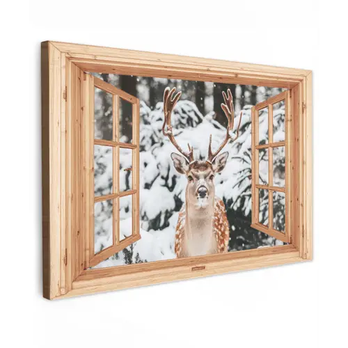 Doorkijk - Hert - Sneeuw - Winter - Bos - Dieren Tuinposter op houten frame 2 cm dik klein -3d