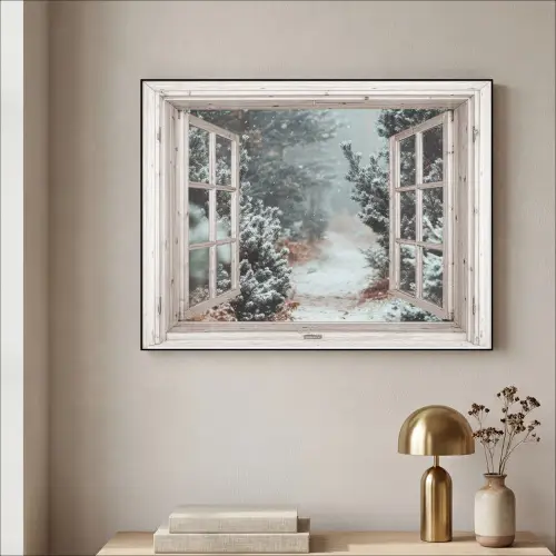 Bos - Winter - Bomen - Natuur - Pad - Doorkijk - Wit Textielframe zwart klein -sfeer2
