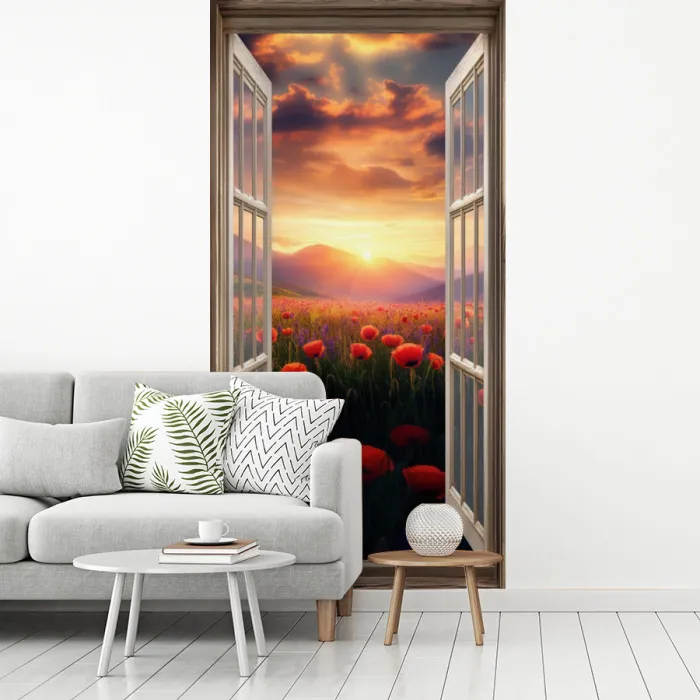 Doorkijk - Klaprozen - Bloemen - Rood - Open raam fotobehang vinyl groot -woonkamer