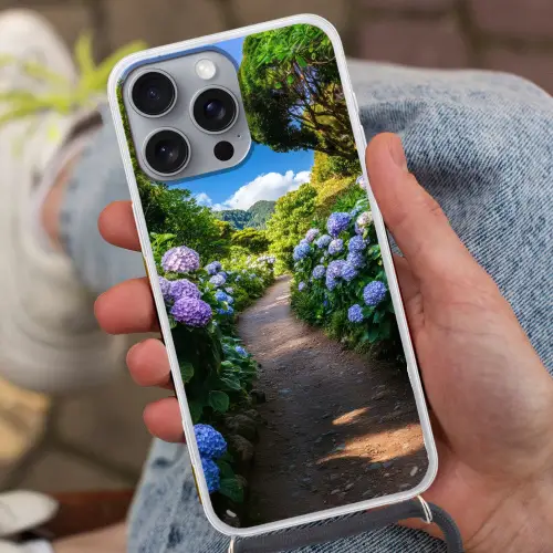 Hortsensia - Pad - Bloemen Hoesje iPhone 16 Pro Max met koord klein -sfeer3