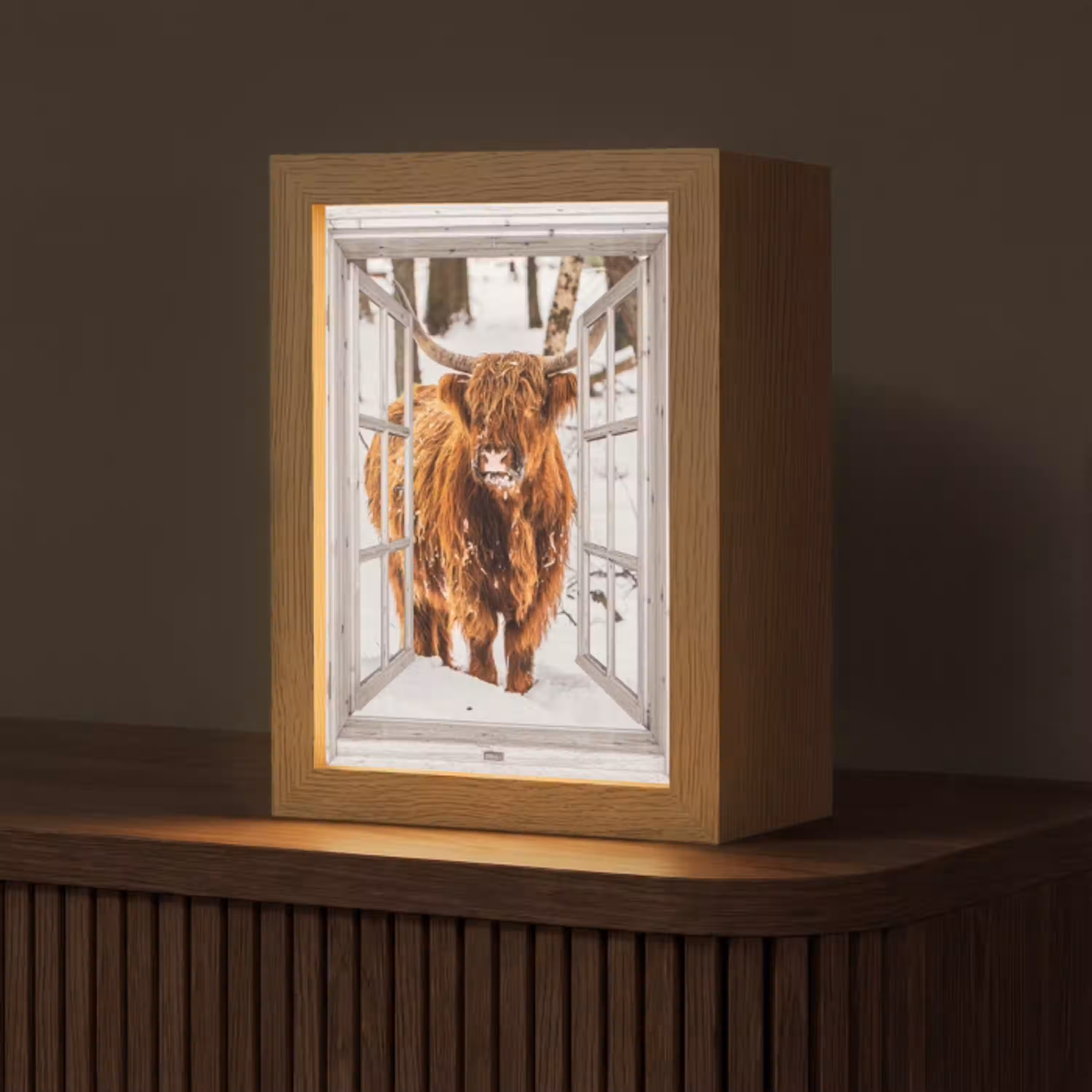 Schotse Hooglander - Sneeuw - Winter - Natuur - Dier - Doorkijk - Landelijk Light Box met kabel (Tafellamp) klein -z3d_website