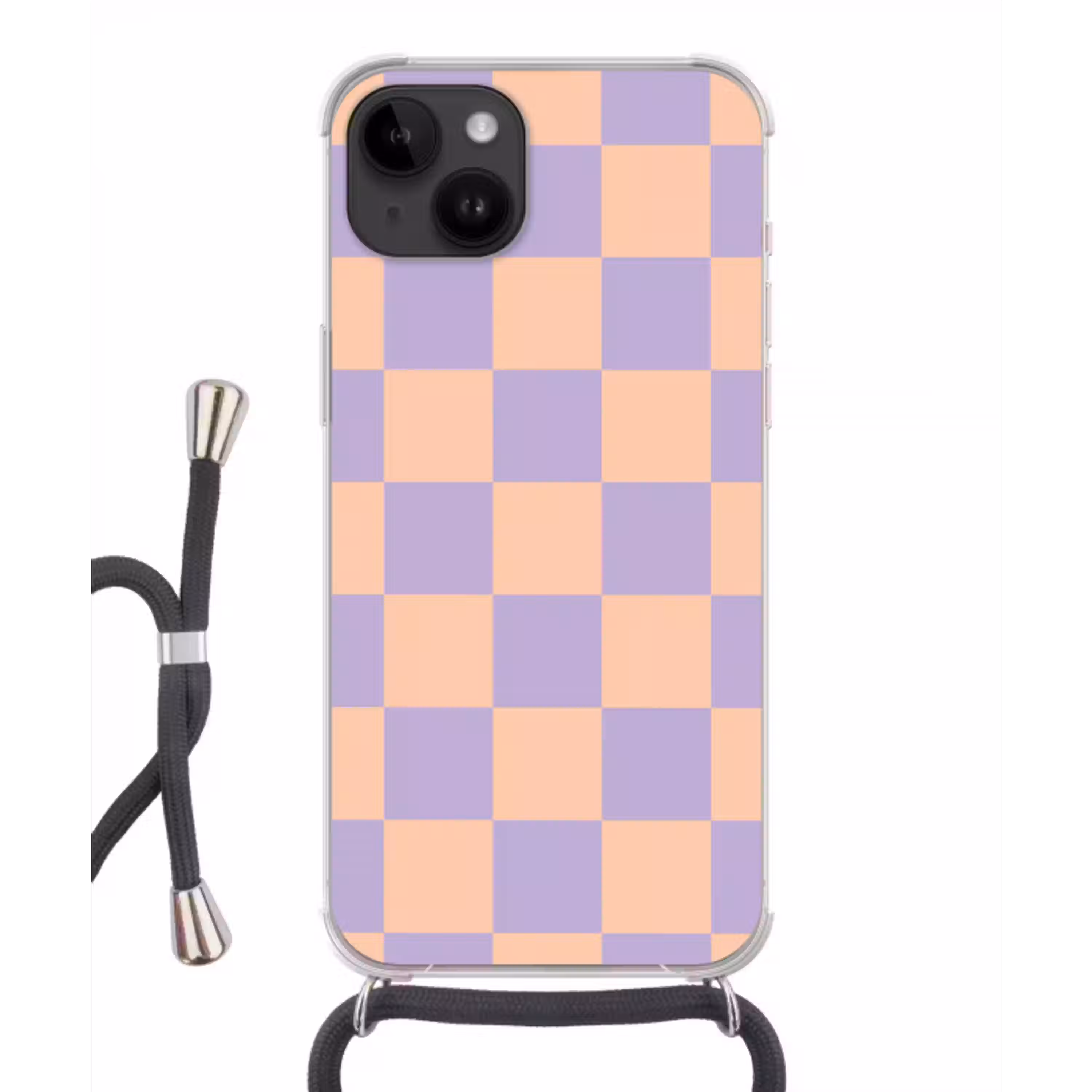 Schaakbord patroon - Paars - Roze - Blokjes Crossbody Case iPhone 14 middel -3d