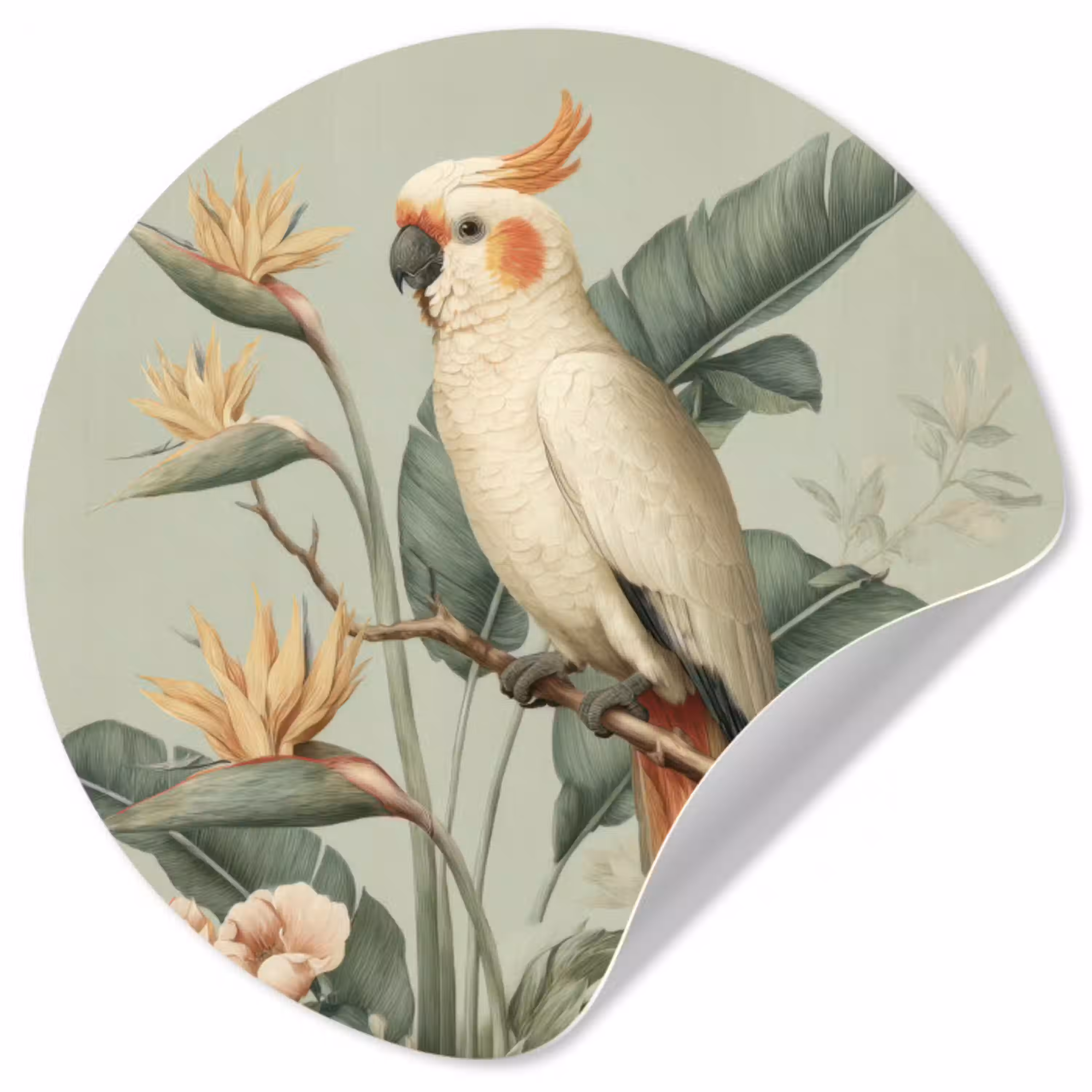Gele kuifkaketoe - paradijsvogelbloemen - Groen Wandcirkel behangsticker klein -3d