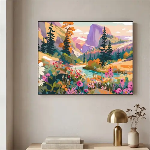 Rivier - Vallei vol bloemen - Levendig Textielframe zwart klein -sfeer2