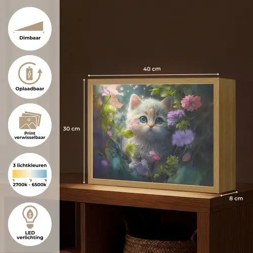 Kitten - Bloemen - Bos - Illustratie - Poes Light Box met batterij (Wandlamp kind) middel -USP_websiteoverzichtNL