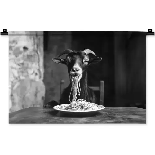 Geit - Bord - Spaghetti - Zwart Wit Wandkleed katoen klein -zz3d