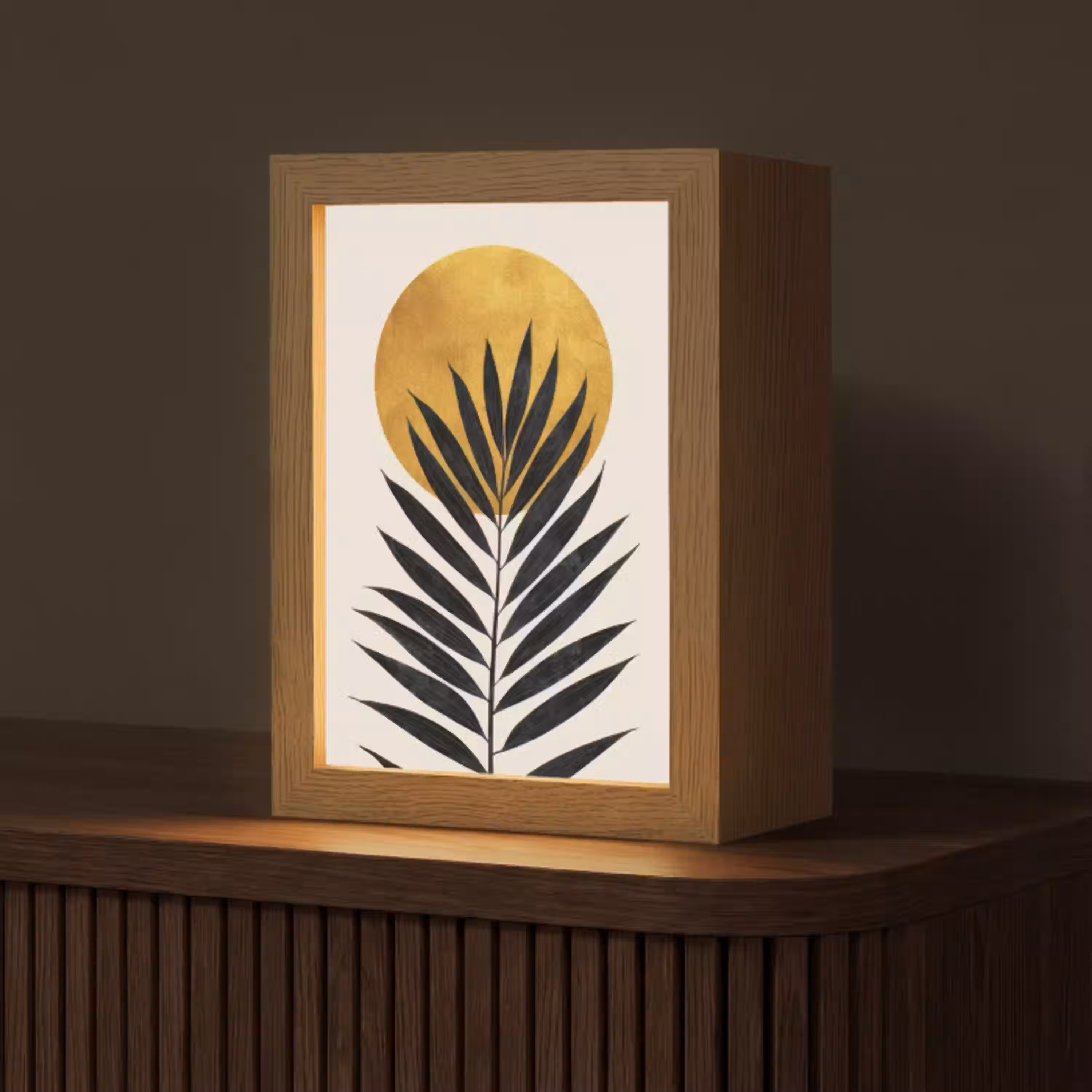 Zwart palmblad - Gouden cirkel - Beige achtergrond Light Box met kabel (Tafellamp) klein -z3d_website