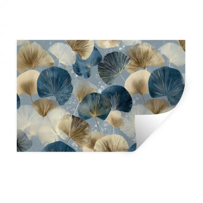Bladeren - Abstract - Goud - Blauw Muursticker klein -3d