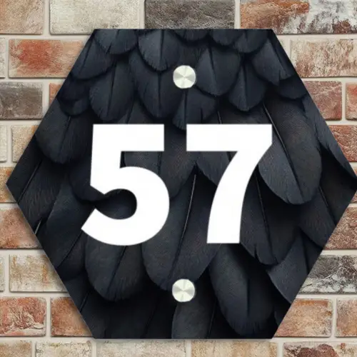 Zwarte veren - Traditioneel Naambord Hexagon klein -sfeer2