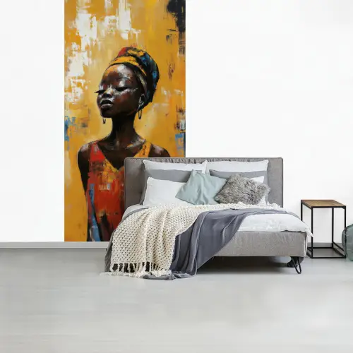 Vrouw - Ogen - Penseelstreken - Geel fotobehang vinyl groot -slaapkamer