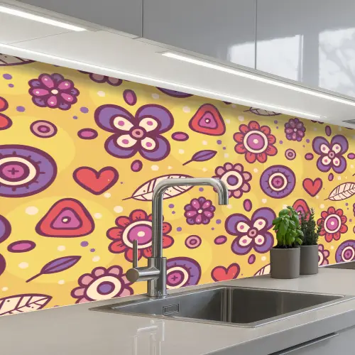 Patroon - Bloemen - Paars - Oranje keuken achterwand 2 middel 871 -3d_schuin
