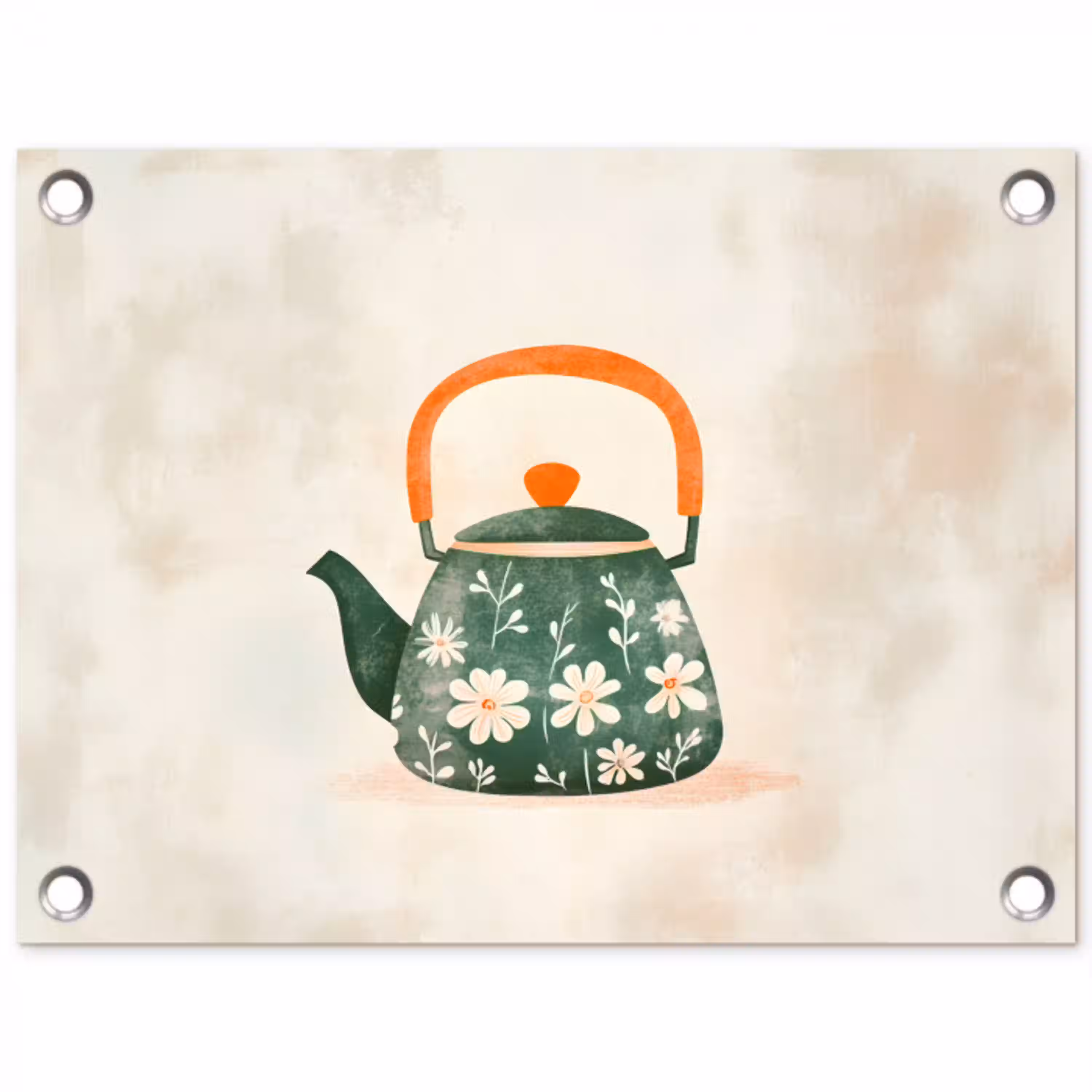 Theepot - Groen - Bloemen - Oranje tuinposter los doek klein -3d