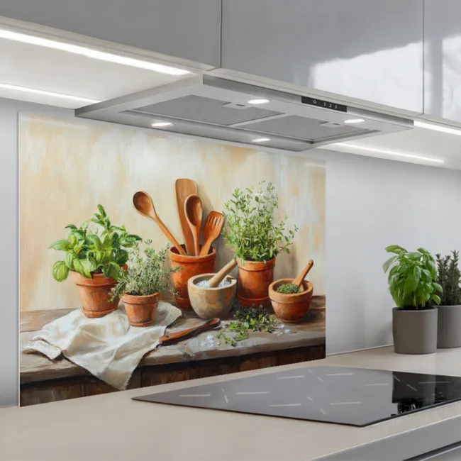 Fond de hotte - Pots - Herbes - Bois