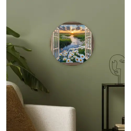 Doorkijk - Landschap - Raam - Water - Zonsondergang Wandcirkel kunststof plaat 5mm dik klein -sfeer3