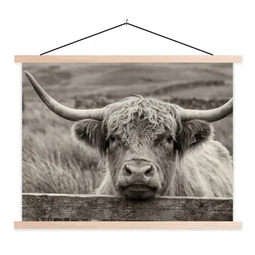 Schotse hooglander - Zwart - Wit - Hout textielposter latten blank klein -3d