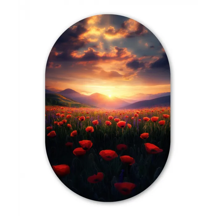 Landschap - Zonsondergang - Bloemenveld Wandcirkel Ovaal Glas middel -3d