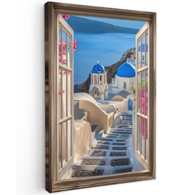 Doorkijk - Santorini - Landschap - Blauw - Grieks Tuinposter op houten frame 2 cm dik klein -3d