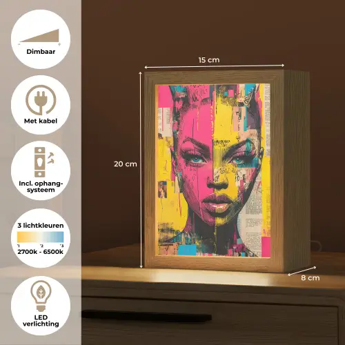 Vrouwengezicht - Krantenpapier - Abstract - Roze Light Box met kabel (Tafellamp) klein -USP_NL