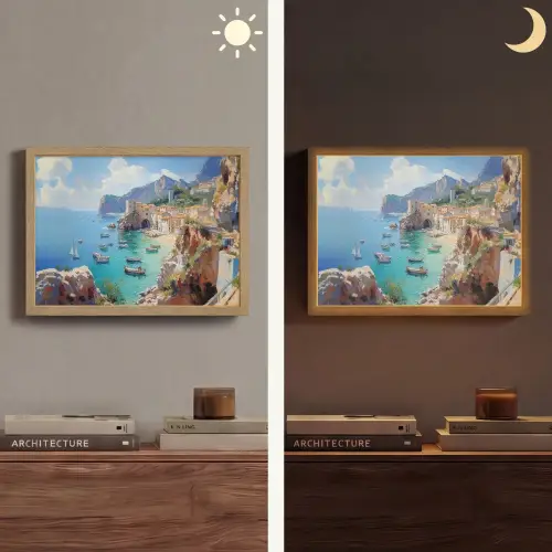 Kustdorp - Schilderij - Rotsen - Boten Light Box met batterij (Wandlamp) middel -sfeer3