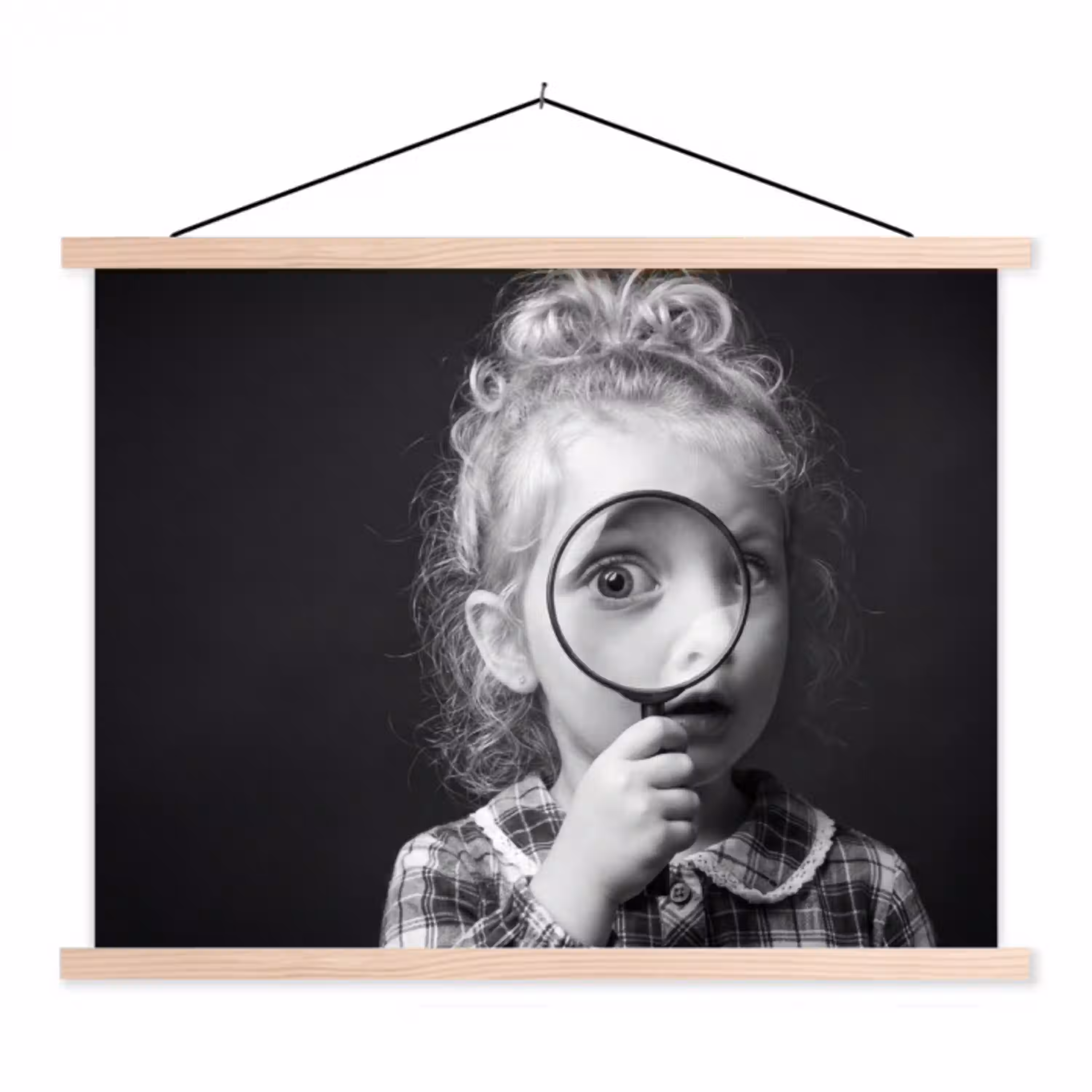 Kind - Vergrootglas - Portret - Zwart-wit textielposter latten blank klein -3d