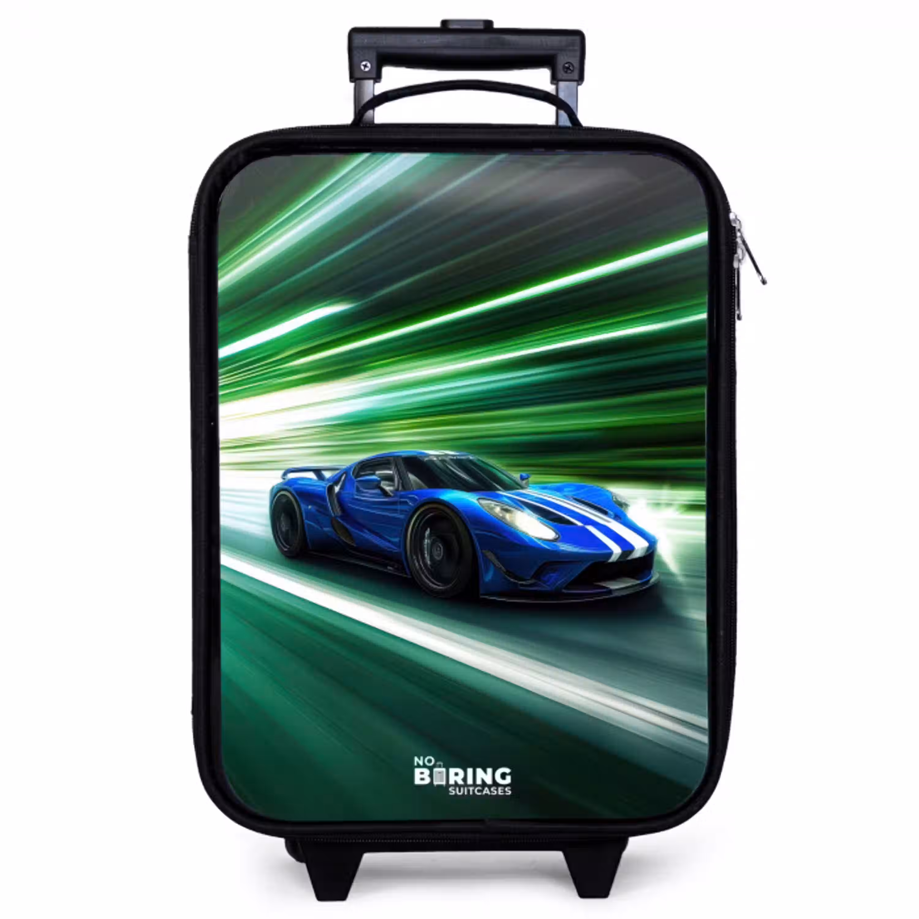 Blauwe raceauto met strepen in groene tunnel Kinderkoffer - Zwart klein -zzz_website3d