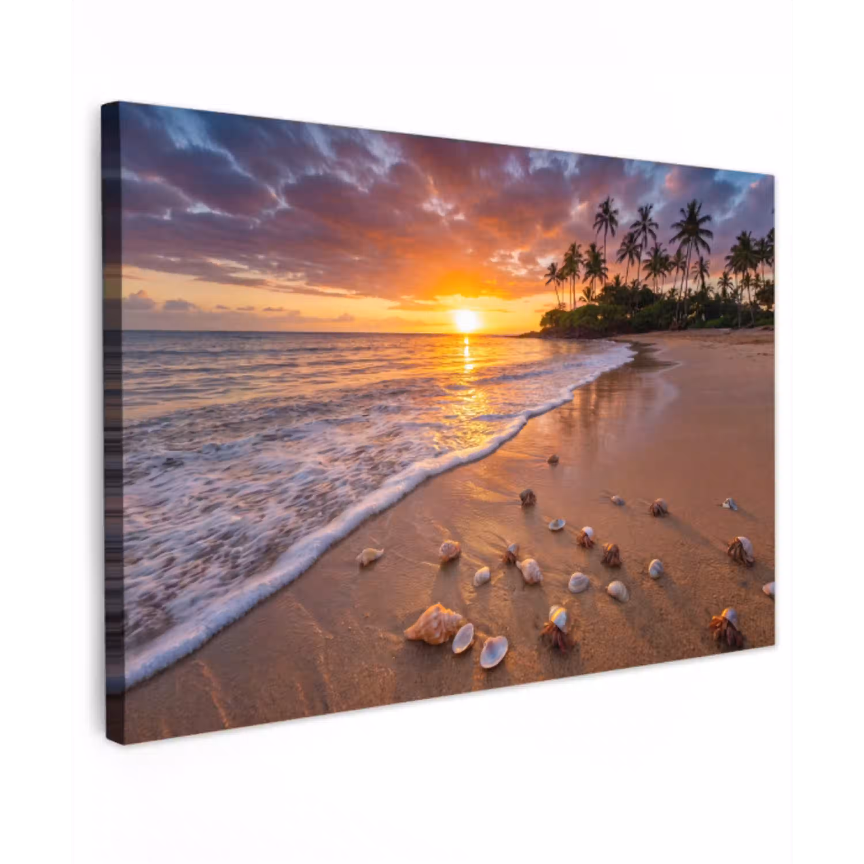 Strand - Zonsondergang - Palmbomen - Natuur - Oranje Tuinposter op houten frame 2 cm dik klein -3d