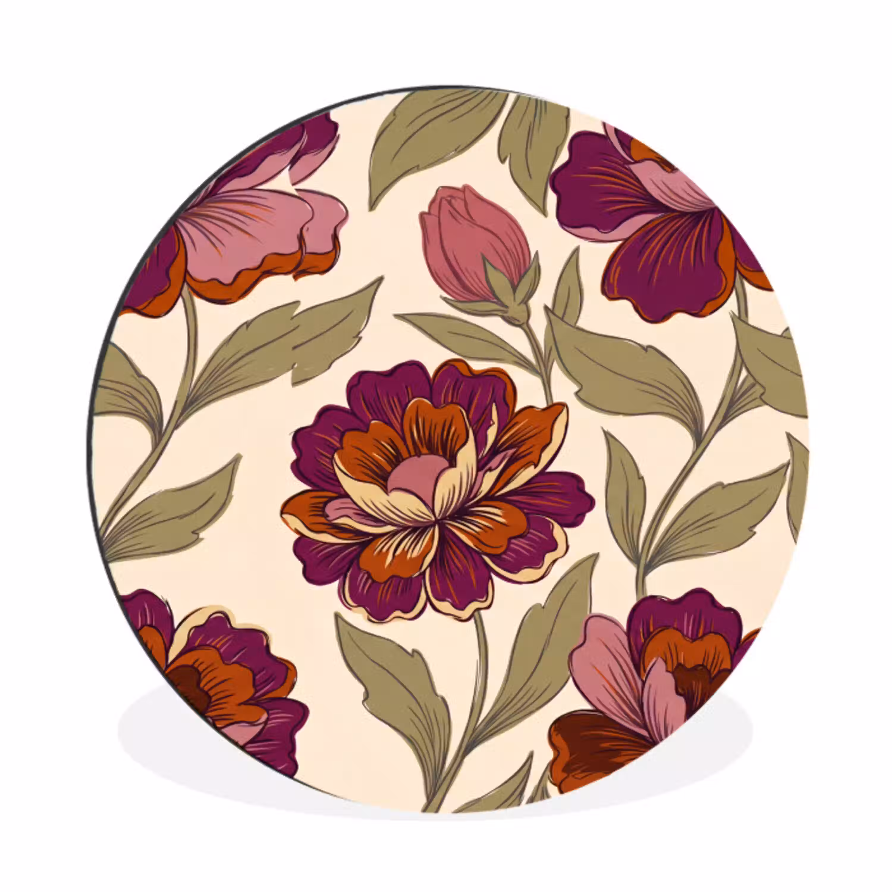 Bloemen - Patroon - Natuur - Modern - Paars Wandcirkel aluminium klein -3d