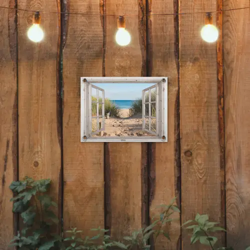 Doorkijk - Strand - Zee - Duinen - Zand - Water - Helmgras tuinposter los doek klein -sfeer1