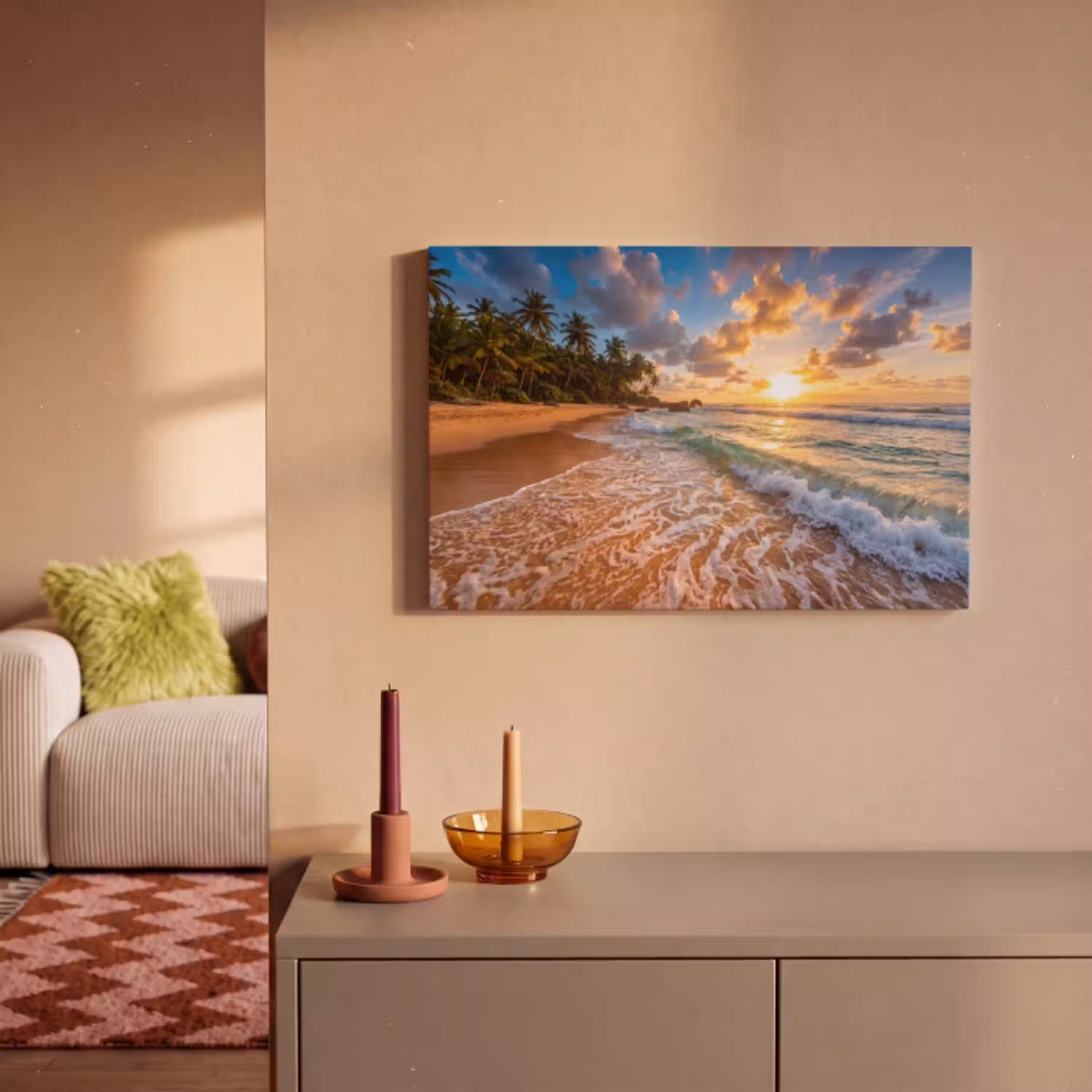Strand - Zonsondergang - Golven - Natuur - Goud canvas 2cm klein -sfeer1