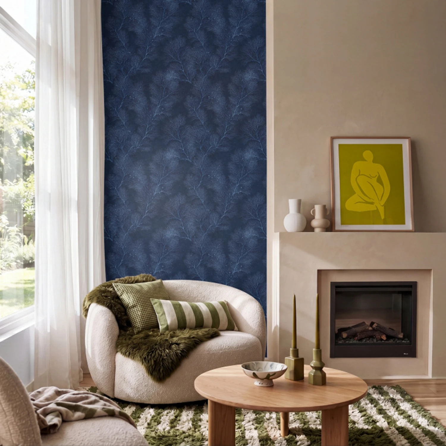 Koraal - Takken - Patroon - Nachtblauw Behang Vinyl klein 1060 -sfeer2