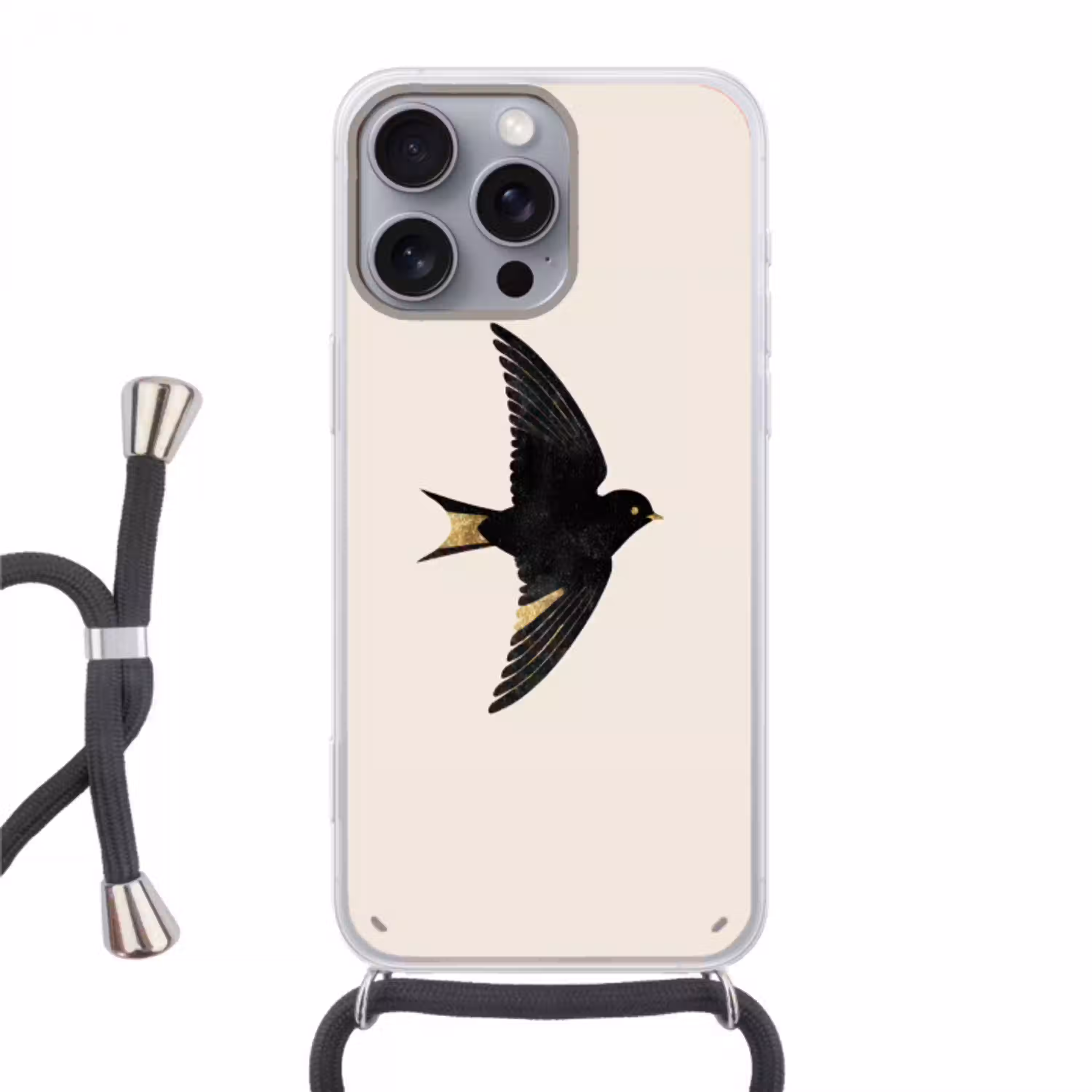 Zwarte zwaluw - Gouden accenten - Lichte achtergrond Hoesje iPhone 16 Pro Max met koord klein -3d