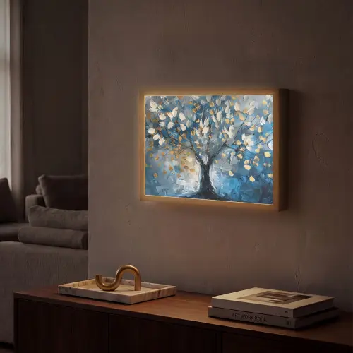 Boom - Blauw - Goud - Abstract Light Box met batterij (Wandlamp) middel -sfeer1