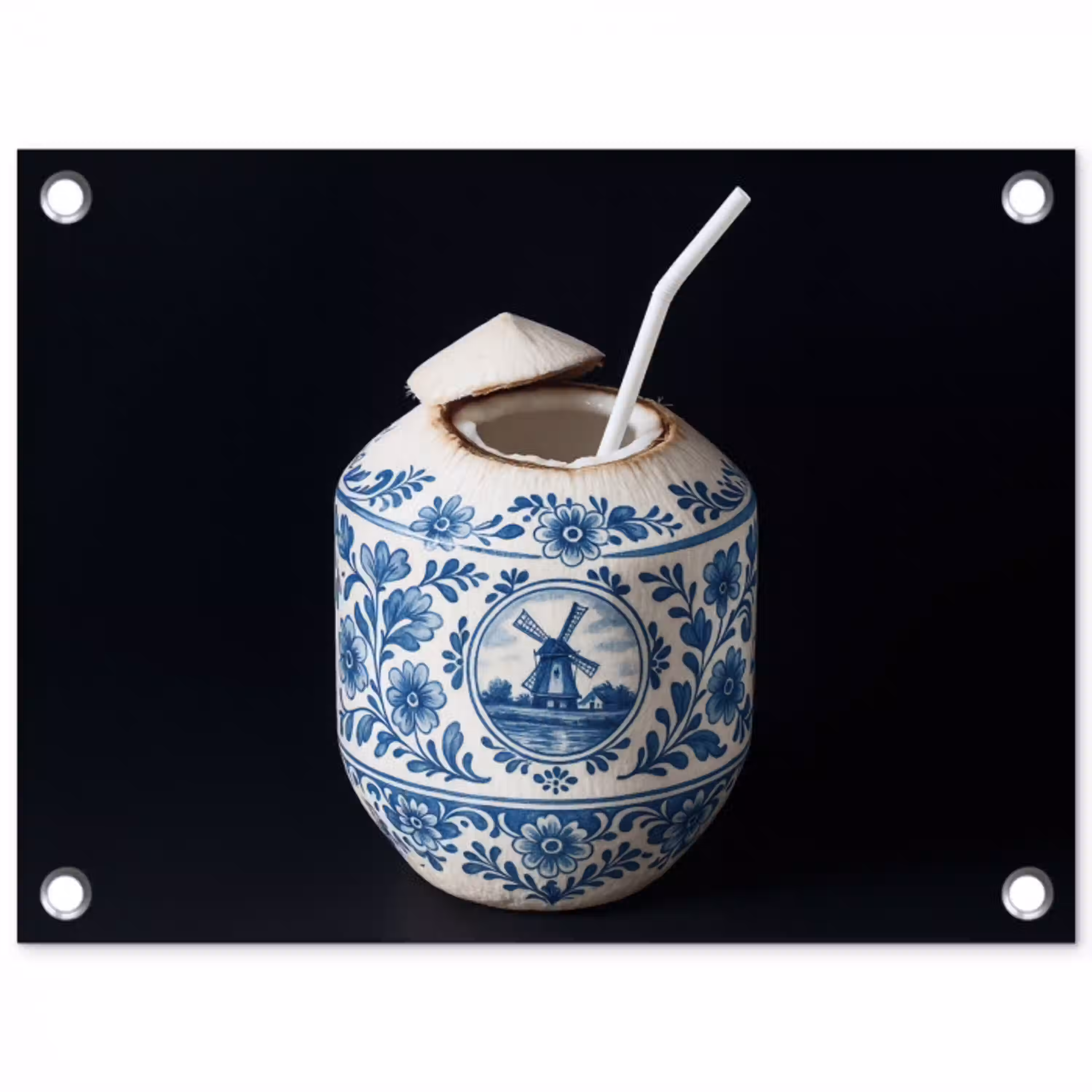 Kokosnoot - Eten - Delfts blauw - Drinken tuinposter los doek klein -3d