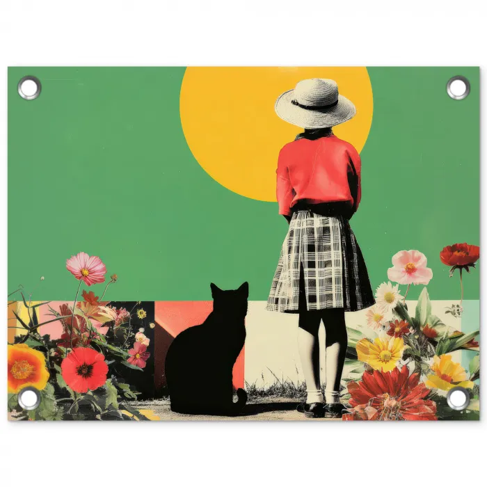 Retro - Meisje - Kat - Zon tuinposter los doek klein -3d