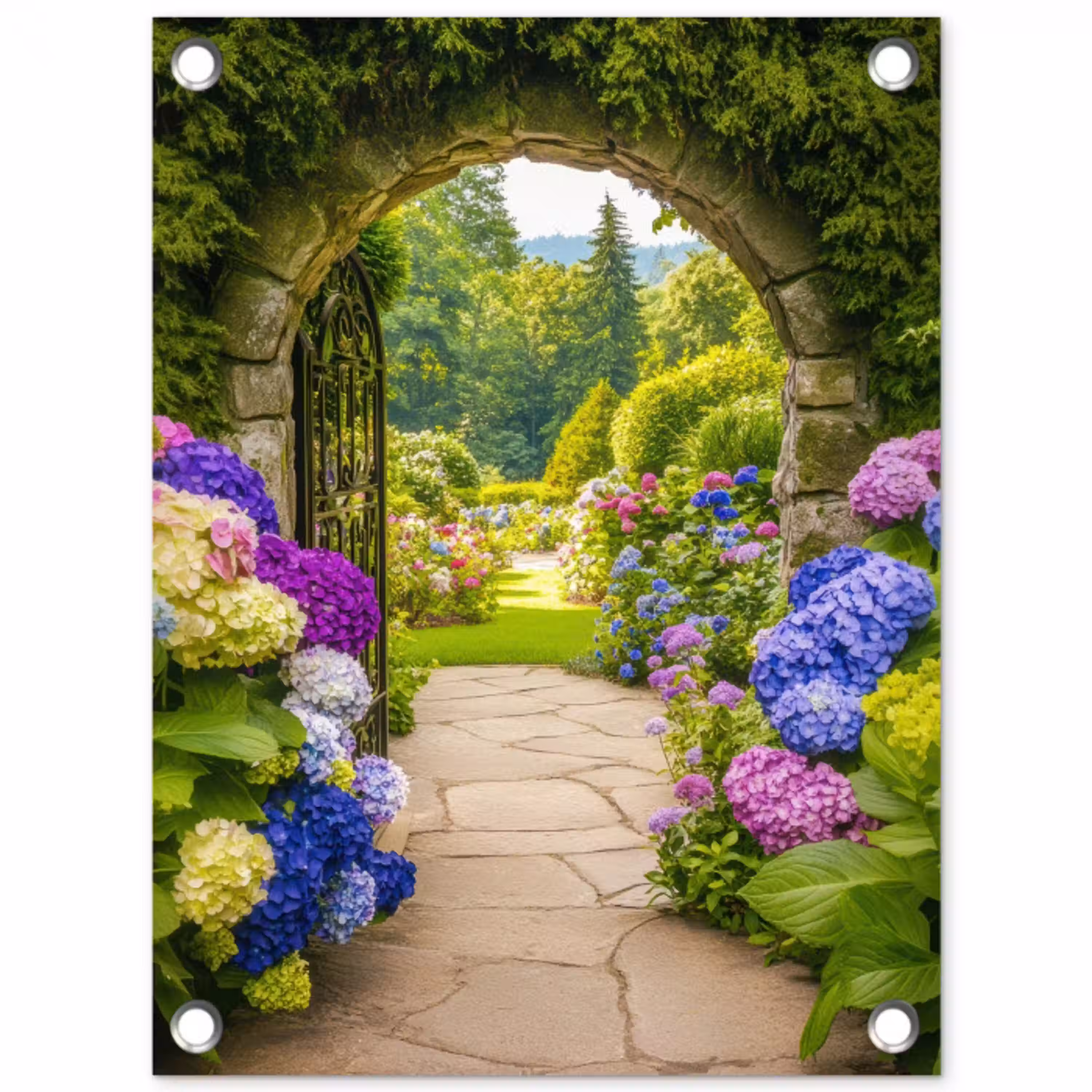 Doorkijk - Poort - Hortensia - Bloementuin tuinposter los doek klein -3d