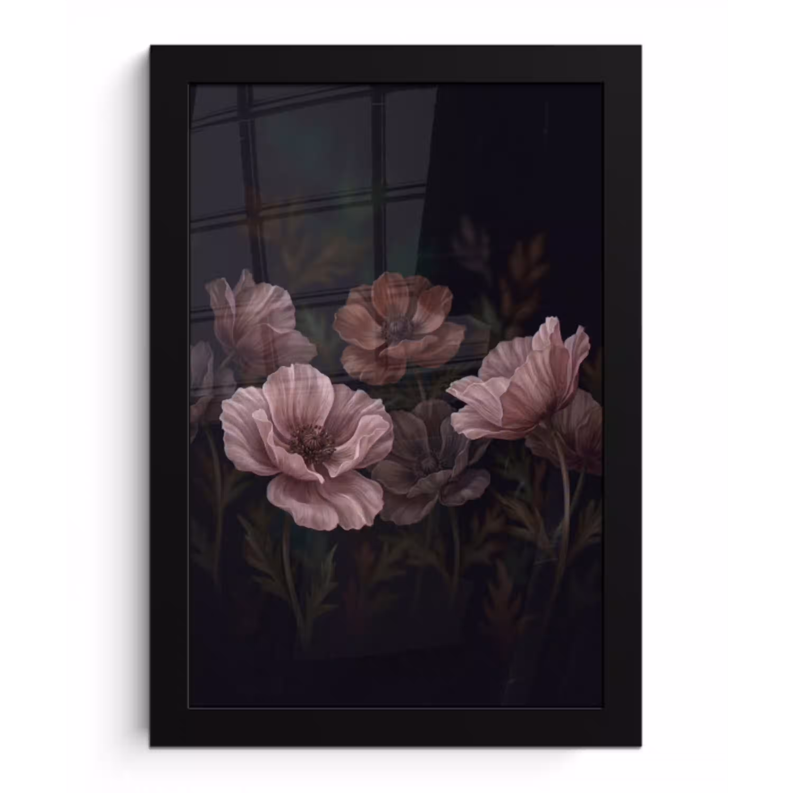Bloemen - Natuur - Roze - Donker - Modern fotolijst zwart zonder passe partout klein -3d